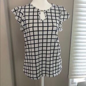 Small Black and White Boxy Ruffled Blouse, EUC, Eyelet with Silver hardware.